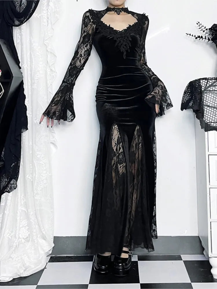 Goth Dark Vintage Mall Gothic Elegant Lace Trumpet Dress Grunge Aesthetic Punk V-neck Long Dresses 2025 Women's Slim Streetwear
