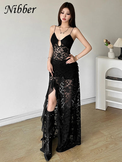 Nibber Sexy See Through Lace Sleeveless Long Dress Women Patchwork Summer Backless V-neck Side Slit Party Evening Maxi Vestidos