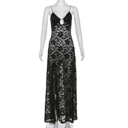 Nibber Sexy See Through Lace Sleeveless Long Dress Women Patchwork Summer Backless V-neck Side Slit Party Evening Maxi Vestidos