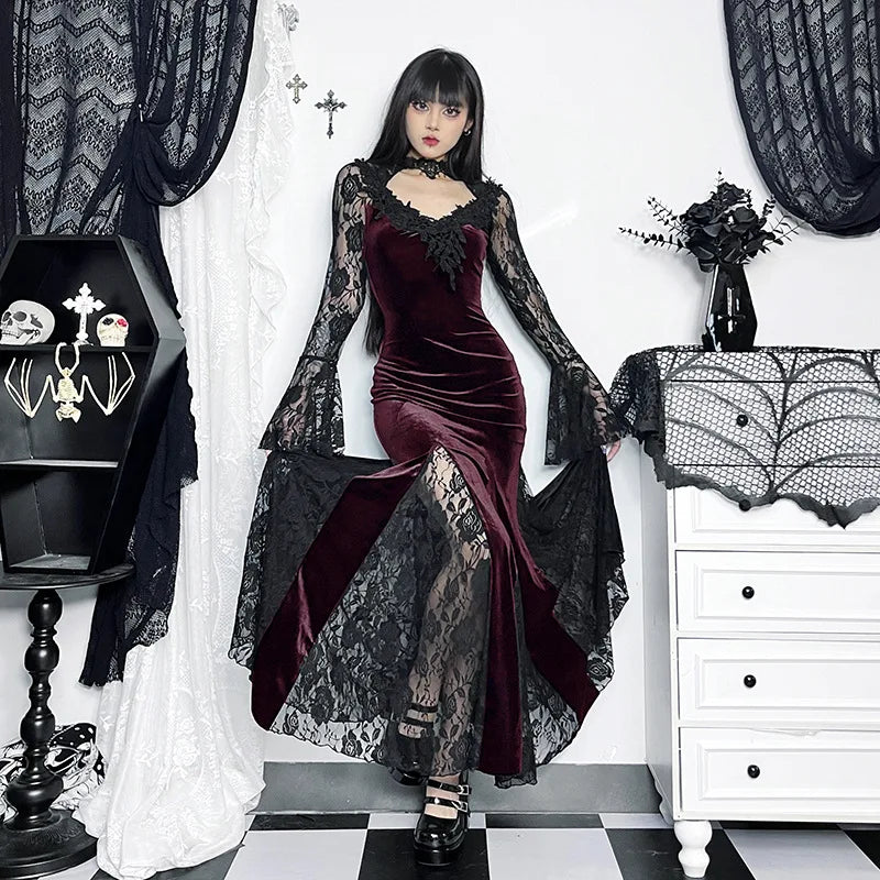 Goth Dark Vintage Mall Gothic Elegant Lace Trumpet Dress Grunge Aesthetic Punk V-neck Long Dresses 2025 Women's Slim Streetwear