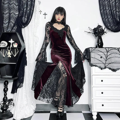 Goth Dark Vintage Mall Gothic Elegant Lace Trumpet Dress Grunge Aesthetic Punk V-neck Long Dresses 2025 Women's Slim Streetwear