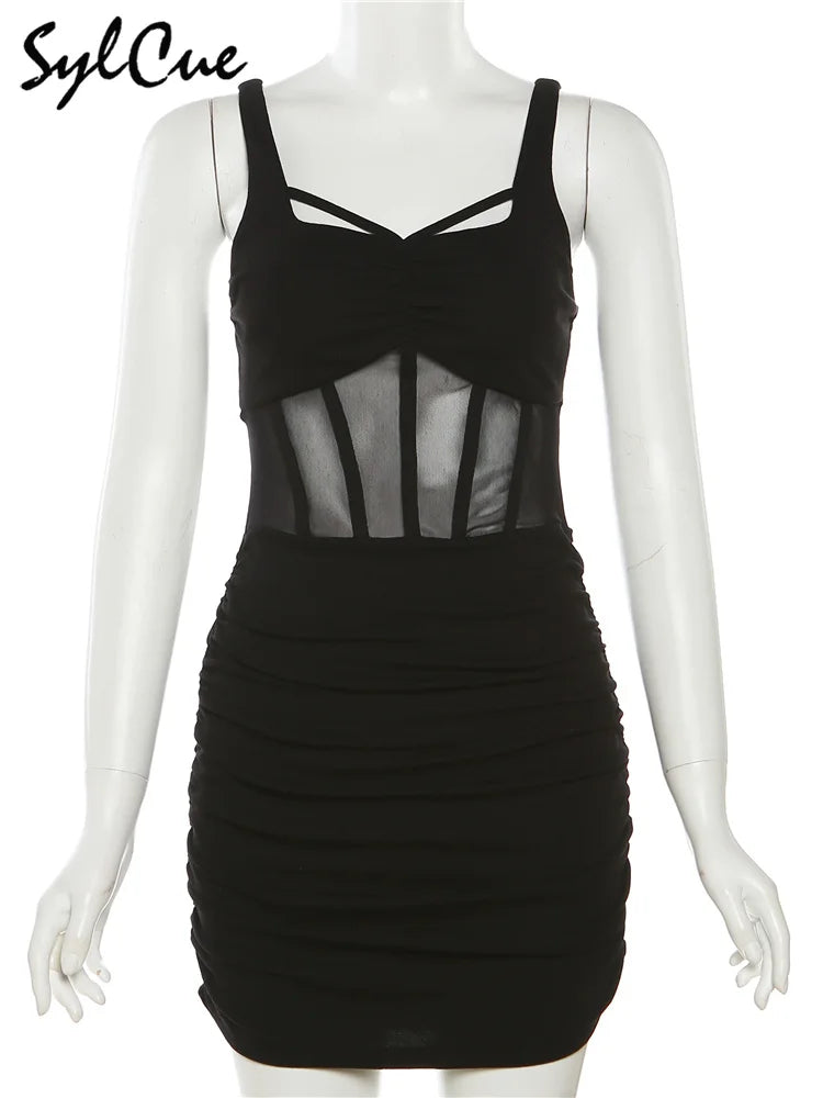 Sylcue Black Mysterious Sexy Mature Beautiful Tight Hot Confident Summer Party Intellectual Elegant Simple Women'S Strap Dress