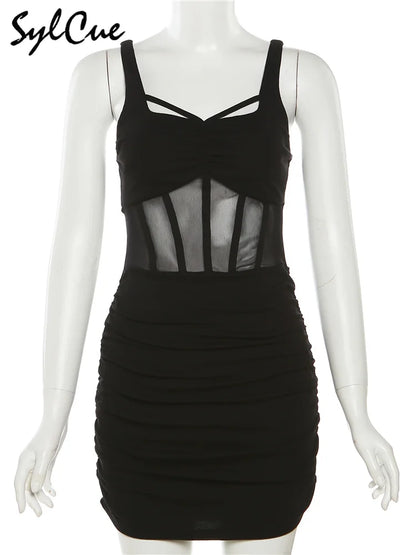 Sylcue Black Mysterious Sexy Mature Beautiful Tight Hot Confident Summer Party Intellectual Elegant Simple Women'S Strap Dress