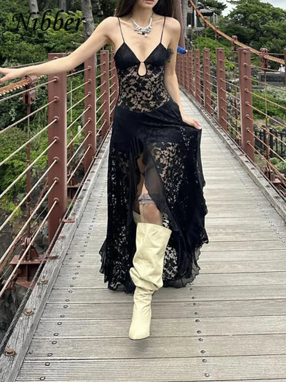 Nibber Sexy See Through Lace Sleeveless Long Dress Women Patchwork Summer Backless V-neck Side Slit Party Evening Maxi Vestidos