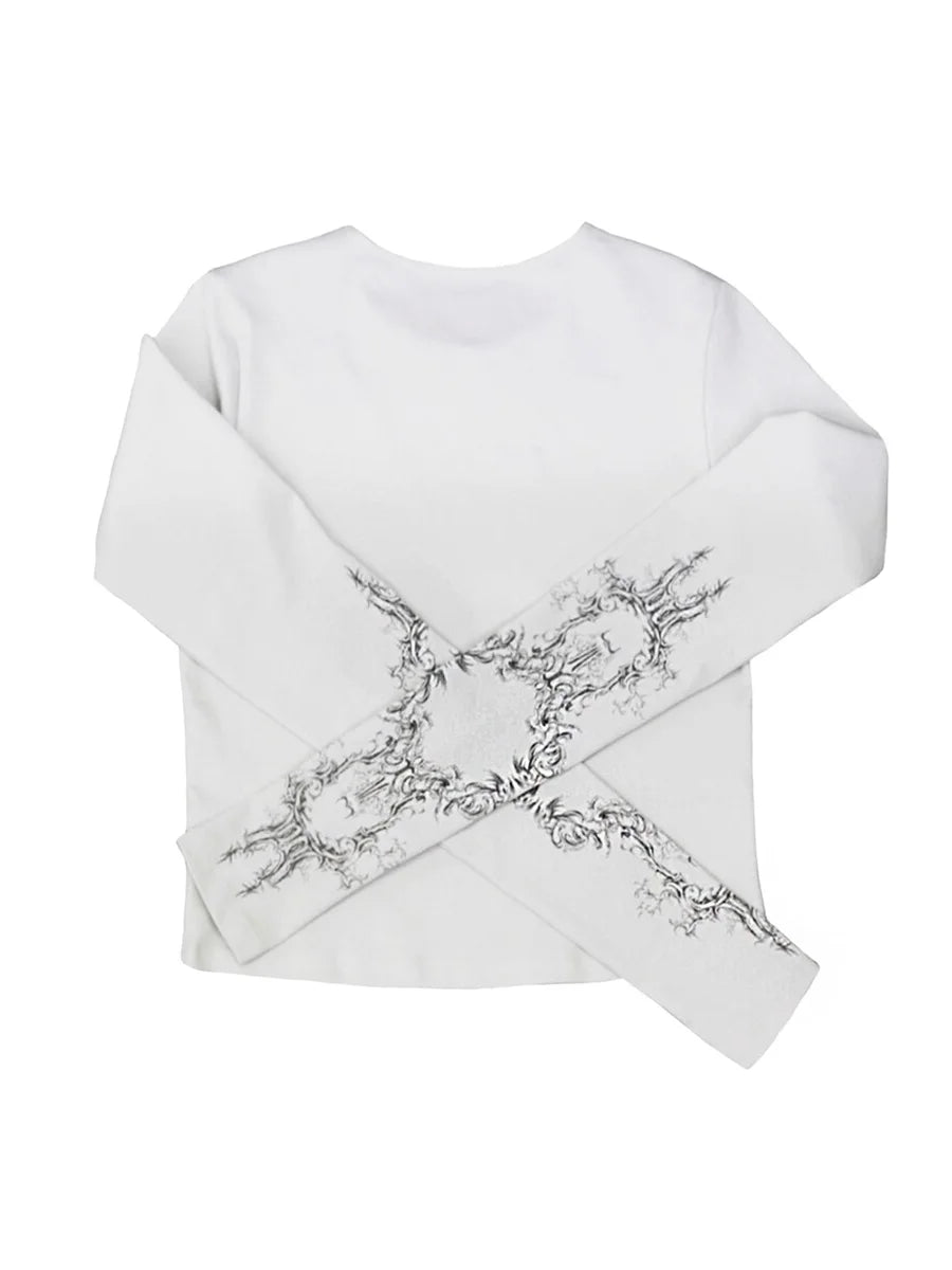 Women Casual T-Shirt Round Neck Long Sleeve Vintage Totem Print Pattern Bottoming Women's Tube Tops Tee Streetwear Y2k