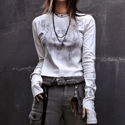 Women Casual T-Shirt Round Neck Long Sleeve Vintage Totem Print Pattern Bottoming Women's Tube Tops Tee Streetwear Y2k