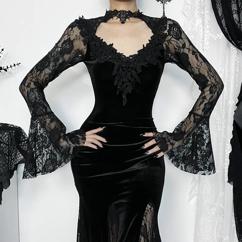 Goth Dark Vintage Mall Gothic Elegant Lace Trumpet Dress Grunge Aesthetic Punk V-neck Long Dresses 2025 Women's Slim Streetwear